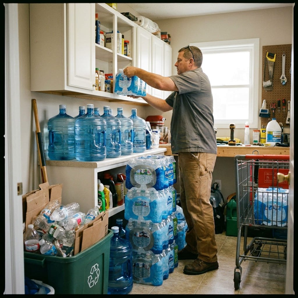 Botellas de agua almacenadas para el consumo habitual