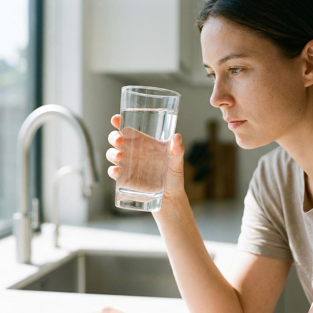 Persona observando agua del grifo antes de beberla