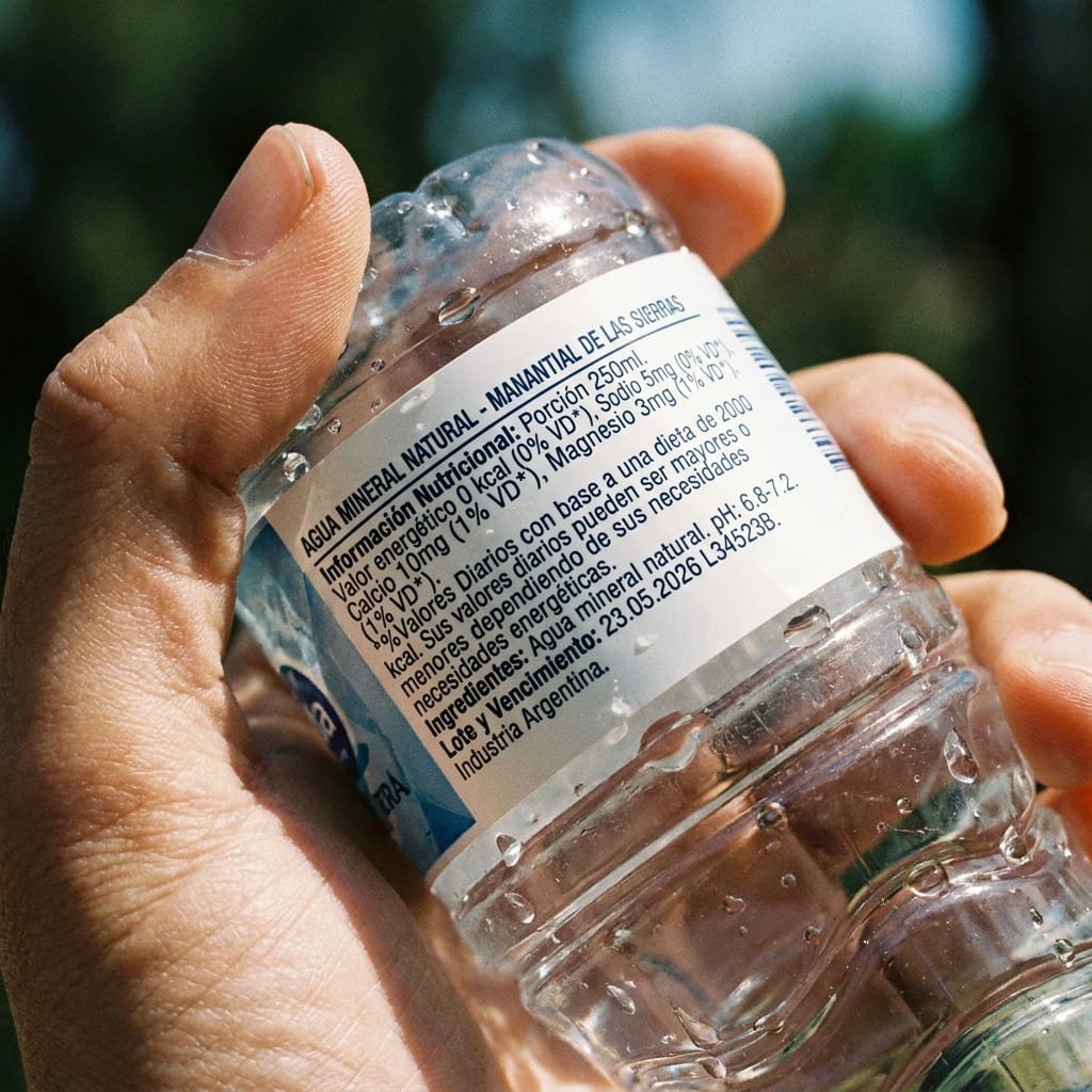 Información de composición en la etiqueta de una botella de agua