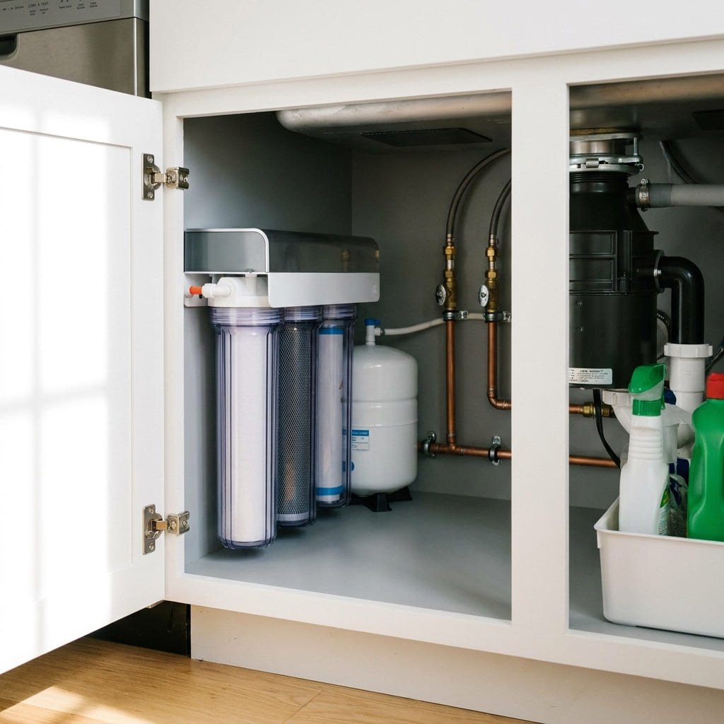 Sistema de filtros de agua instalado bajo un fregadero