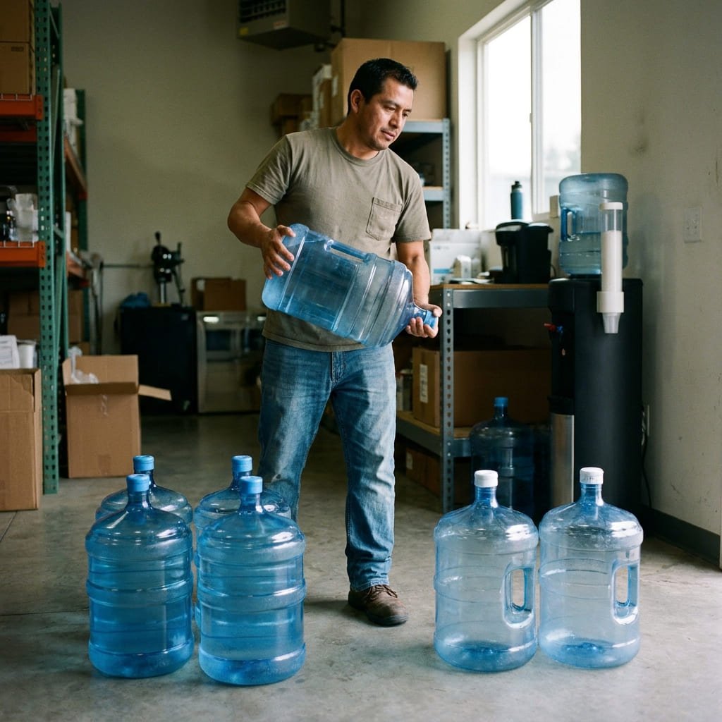 Trabajador realizando la reposición de garrafas de agua en una empresa